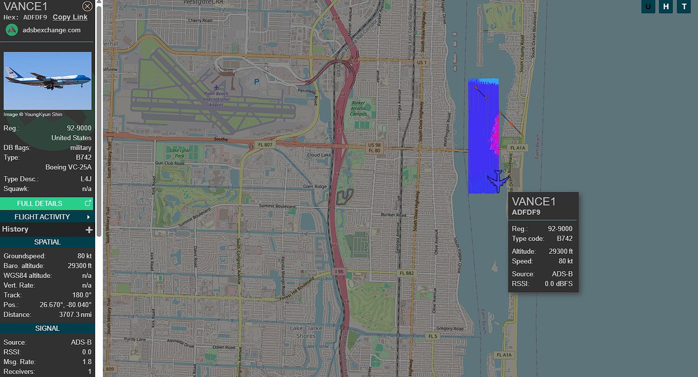 ADS-B aircraft tracking screenshot showing VANCE1 data and route overlay